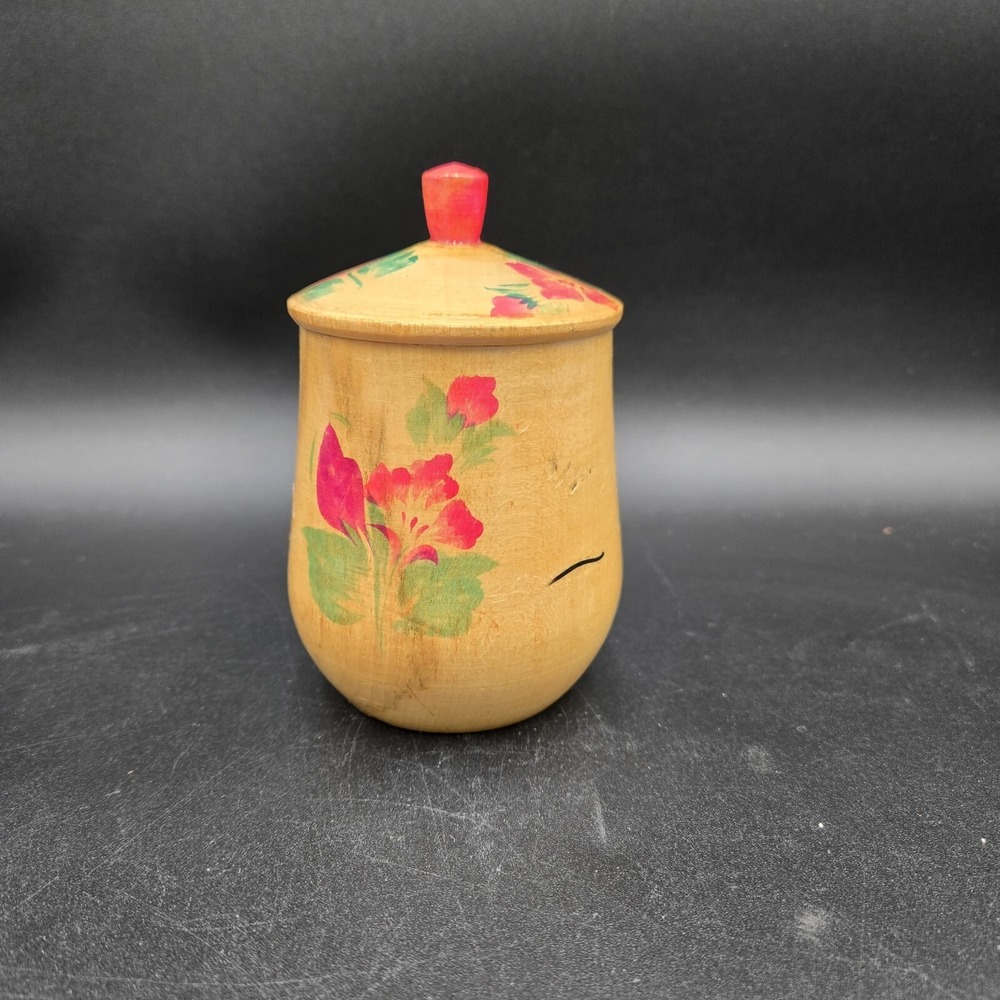 Vtg‎ Russian ? Ukranian Wooden Container Vase with Lid Folk Art Pink Floral - Picture 4 of 13